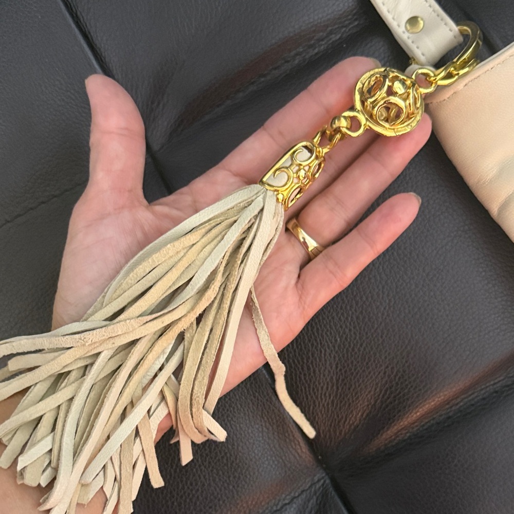 Paris Cream Leather Tassel Crossbody Bag with Gold Accents - Picture 7 of 14